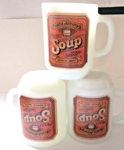 Vtg Aunt Jenny's Mug O' Soup Milk Glass Cups  1980 Anchor Hocking Set of 3
