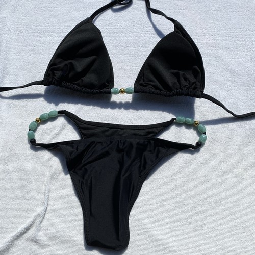 Small To Medium Black Bikini W/ Bead Accents Triangle Top Cheeky Bottoms - Picture 5 of 7