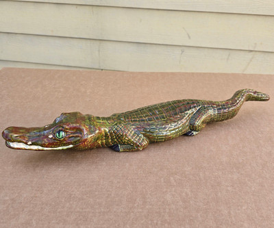Vintage Ceramic Alligator Figurine 23'' Signed Studio Pottery Glazed Gator