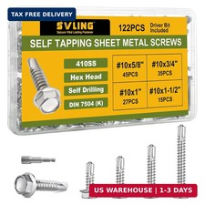  10 Self Tapping Screws Assortment Kit 122PCS, Stainless Steel 410 Self Drilling