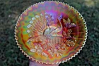 ANTIQUE NORTHWOOD PEACOCKS ON THE FENCE CARNIVAL GLASS PLATE- MARIGOLD