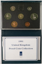 1991 Royal Mint Annual Proof coin set in blue display case with COA & outer box.