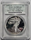 1993-P PROOF AMERICAN SILVER EAGLE DOILY PCGS PR70DCAM Certified Coin