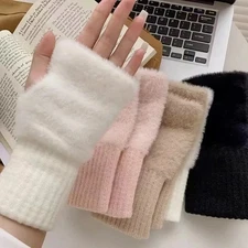 New Mink Fleece Half Finger Gloves for Women's Soft Winter Warmth Luxury Solid C