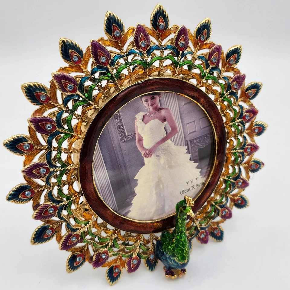 装饰孔雀相框 3x3 图片展示金色珐琅宝石装饰 — 第 2/4 张图片