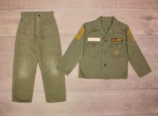 Boys VTG 50s Korean War Era Green Army Sateen 2 PC Uniform Set 1950s Shirt Pants