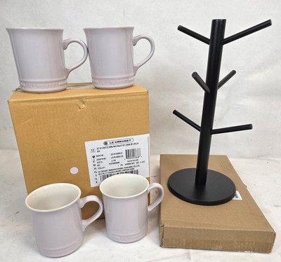 Le Creuset Stoneware 4 Mugs, 14oz (ea) Shallot color with generic stand holder