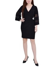 ny Collection Womens Petite Sheer-Sleeve Wrap Dress PITD7701 Black PL