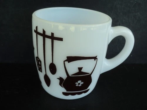 Hazel Atlas Kitchen Aids Utensils white brown milk glass cup mug vintage