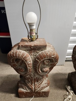 RARE  Pair of Red Vintage Bon Art Int'l Double Ibis Ram Head plaster table lamps
