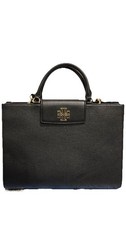 Tory Burch Black Leather Top Handle Satchel Gold Logo