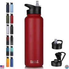 40oz Stainless Steel Water Bottle, Vacuum Insulated, 2 Lids, Leak Proof, Red