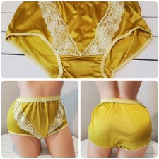 Shiny Double Nylon LACE Silky Granny Panty Wide Gusset Full Cut 7/L Dusk Gold