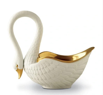 EUC L OBJET WHITE SWAN BOWL LIMOGES PORCELAIN 24K GOLD