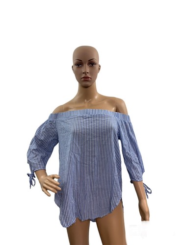 Mossimo Damen Bluse Größe L 3/4 Arm Schulterfrei Blau Weiß