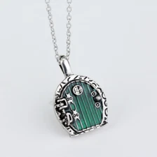 Silver Hobbit Hole, Lord of The Rings Pendant Locket Necklace - Green Door