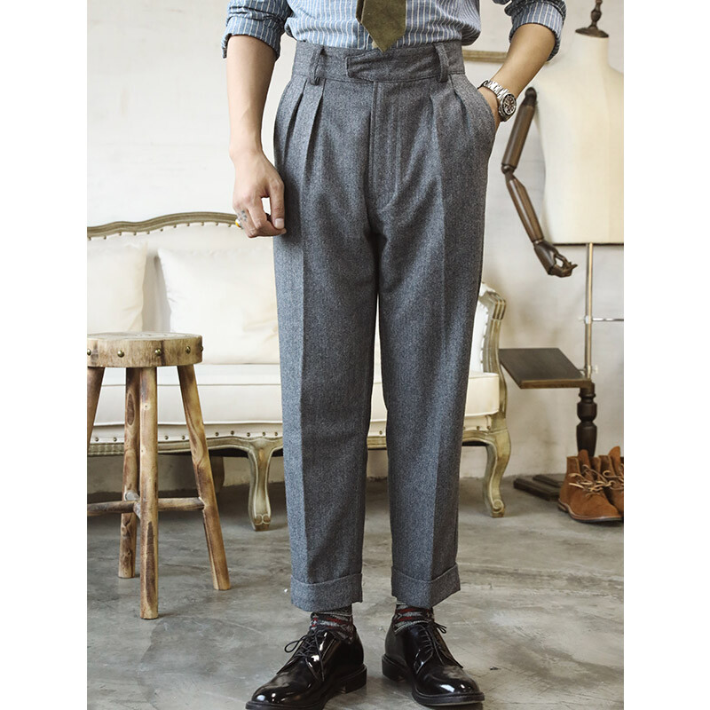 Men Wool Gurkha Trousers High-waisted Herringbone Vintage Loose Pants