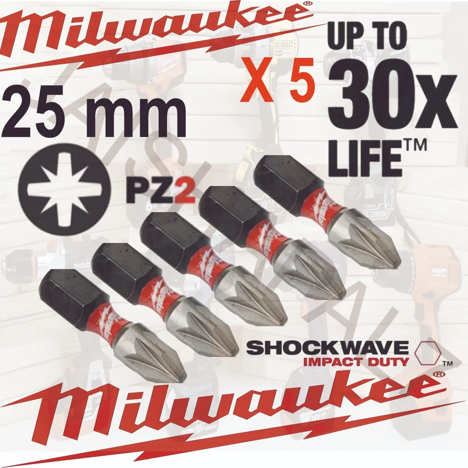 MILWAUKEE PZ2 25mm Impact Driver Bits Pozi Screwdriver Bit SHOCKWAVE IMPACT x 5