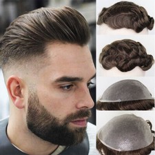 Mens Toupee Human Hair Replacement System V-loop Thin Skin Topper Hairpiece Bald