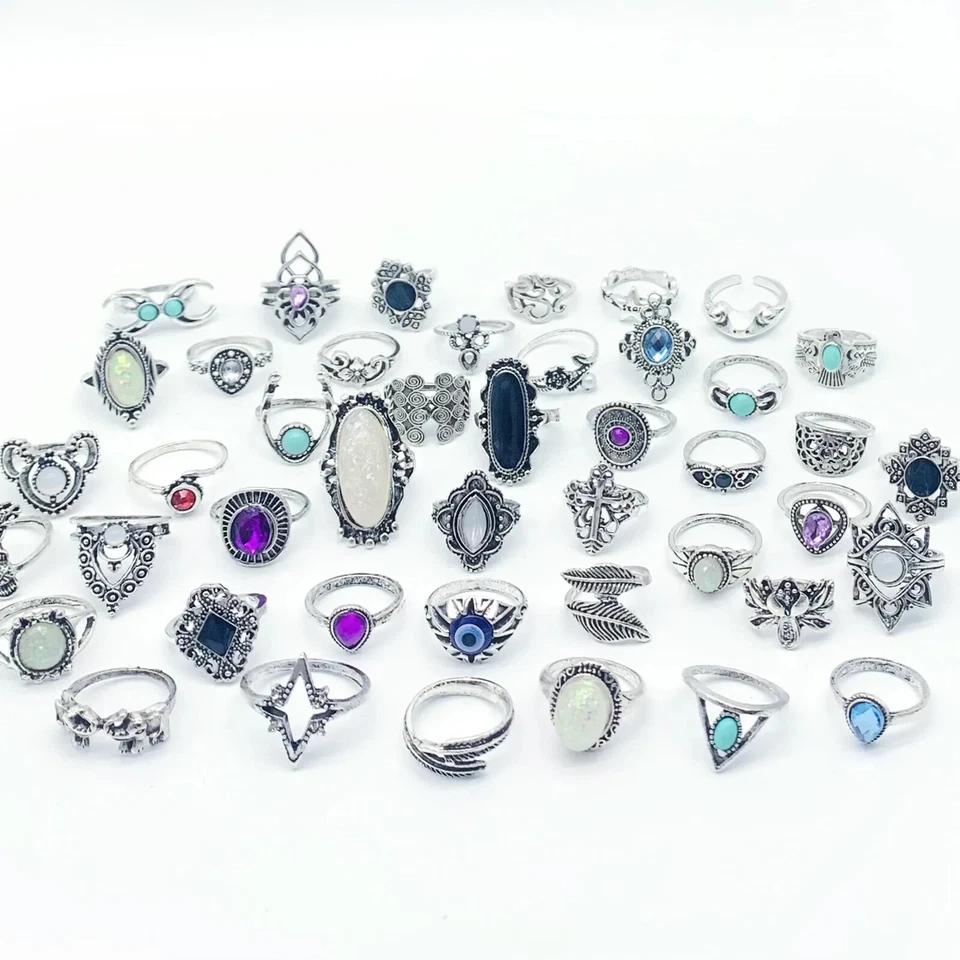 Lote de 50 anillos bohemios antiguos de plata vintage mezcla de mujeres piedra retro dijes Foto 4 de 4
