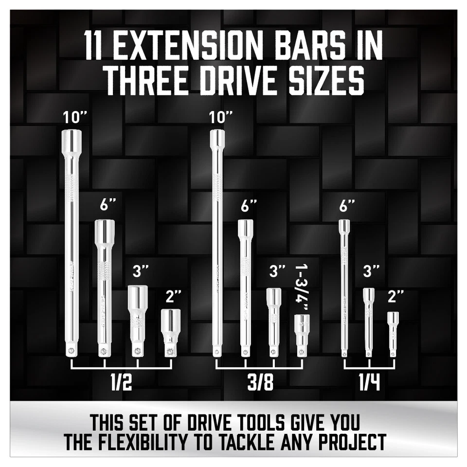 20 Extension Bar Set 1/4" 3/8" 1/2" Drive Socket Wrench Universal Joint Adaptor - Image 3 of 4