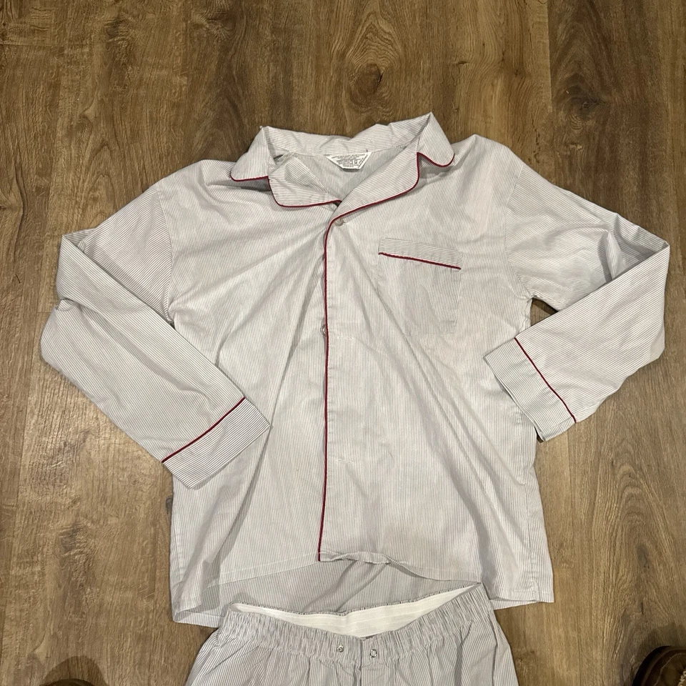 Винтажный Sears мужчин M Perma-Prest пижамы комплект длинным рукавом заколка в полоску ретро 70-х - пузырь - Изображение 2 из 4