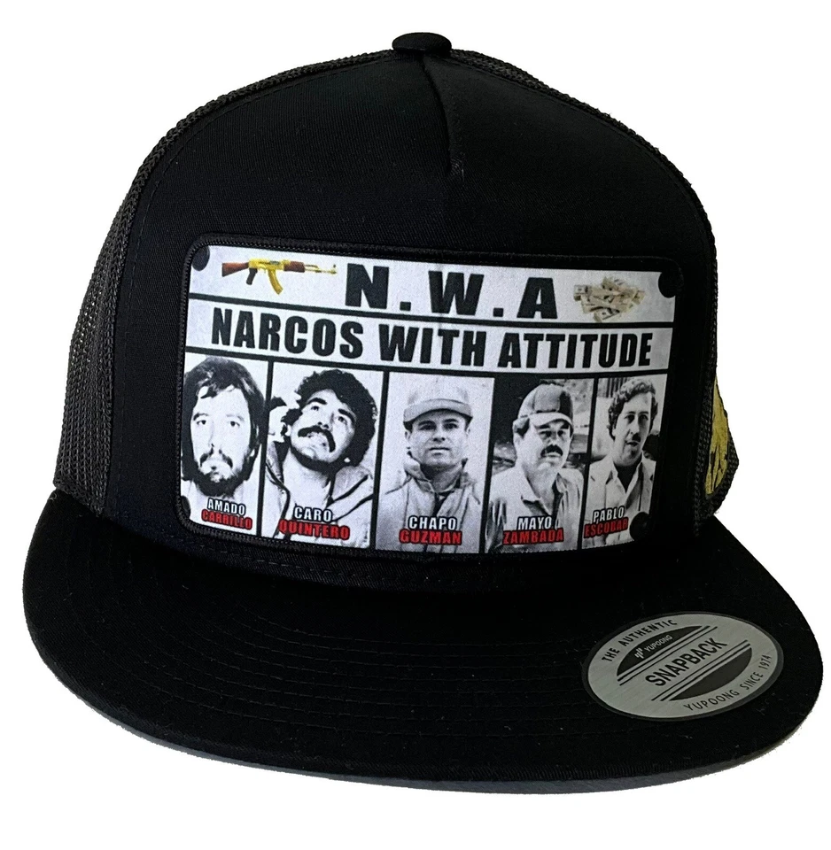 SOMBRERO NARCOS CON ACTITUD 2 LOGOTIPOS MALLA NEGRA EL CHAPO GUZMÁN MÉXICO LOGO FEDERAL Foto 3 de 4