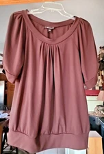 AB Studio Brown Blouson Top Scoop Cap Sl Pleats Hem Stretch Blouse Large
