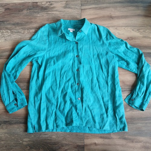 J JILL Love Linen Essential Shirt Teal Green Blue Button Down