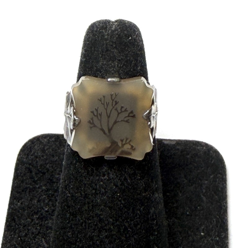 Rare Estate Vintage Sterling Silver Moss Agate Ring Size 5 3/4