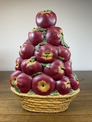 Vtg Bookend Or Door Stop Painted Metal Basket Full Of Apples 8.5 T x 6 W x 2.5 D