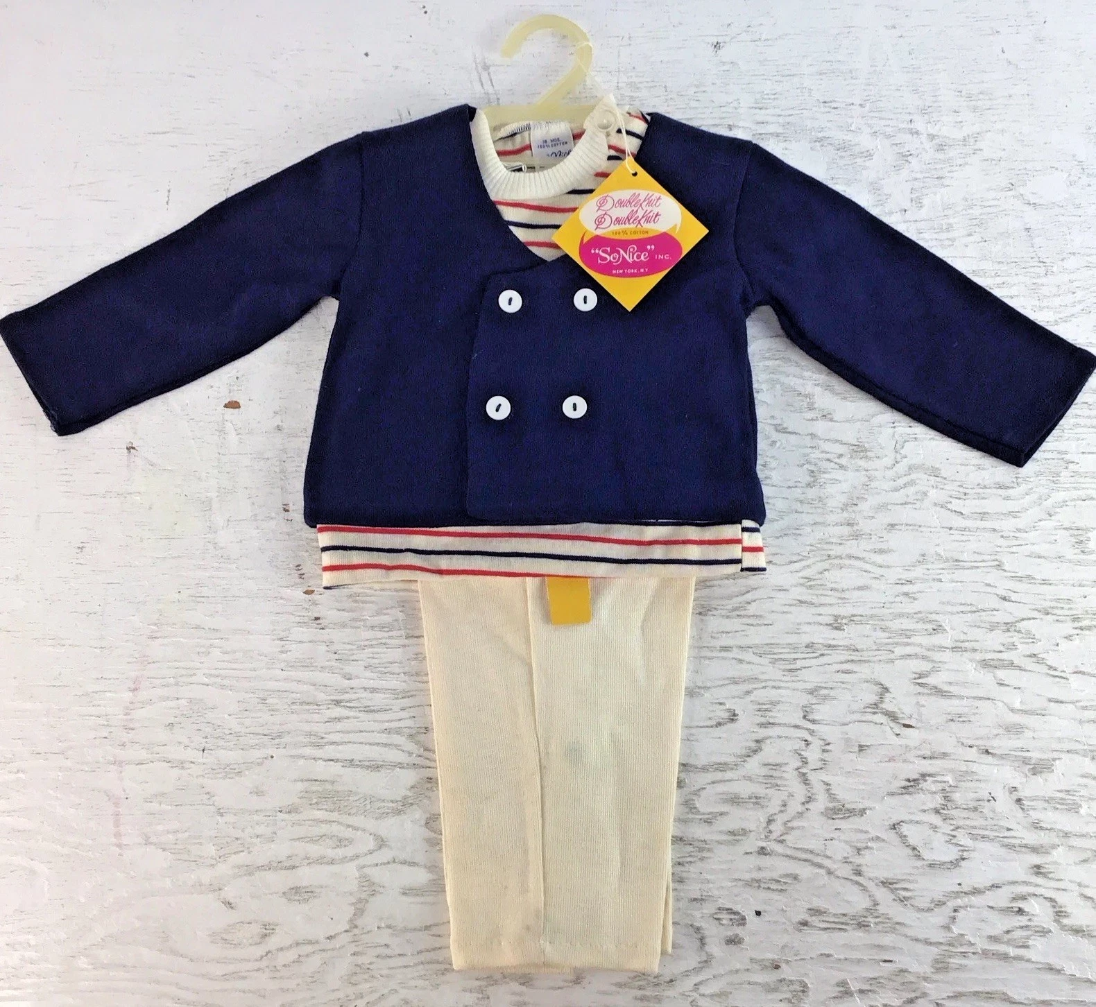 Vintage So Nice 18M Toddlers Navy Jacket Striped Undershirt White Pants NWT NWD