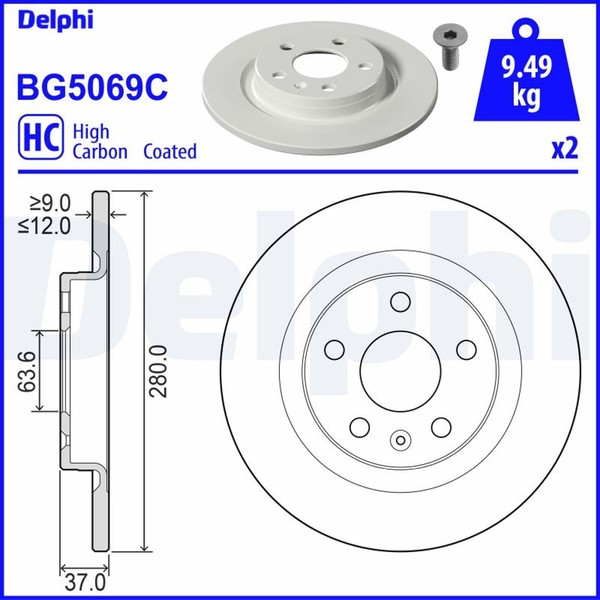 2X Bremsscheibe Delphi BG5069C FüR Volvo XC40 536 Mild Hybrid Awd Plug Lynk 01-image
