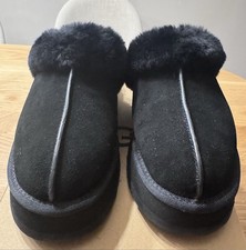 UGG DISQUETTE PLATFORM SLIPPER WOMENS US 9 BLACK SUEDE WOOL SLIDE SANDALS