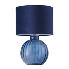 Contemporary Midnight Blue Ribbed Glass Table Lamp with Navy Blue Velvet Shad...