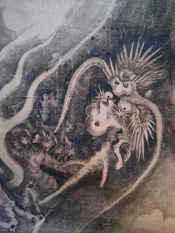 Fabuloso pergamino grande antiguo de pintura de dragón japonés firmado 18/19 o 17? Foto 2 de 4