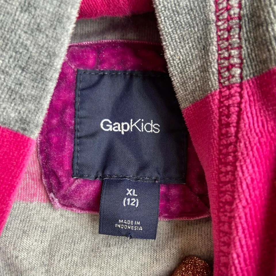 Gap Girls Hoodie Size XL 12 Hot Pink Gray Velour Striped Kangaroo Pocket - Image 3 of 4
