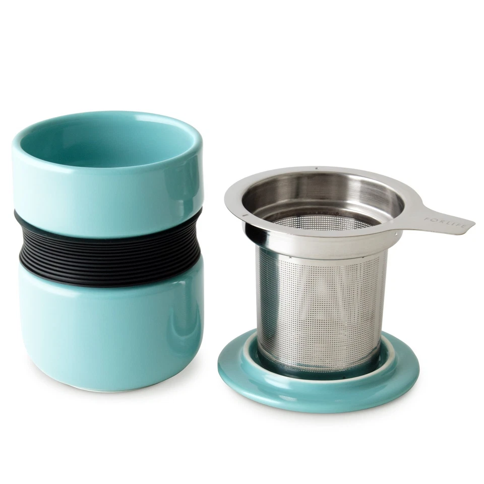 Curve Asian Style Porcelain Tea Cup with Infuser and Lid 12 ounces, Turquoise - Image 2 of 3