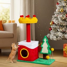 Christmas Themed Plush Multi-level Cat Tower Tree with Cat Condo for Indoor