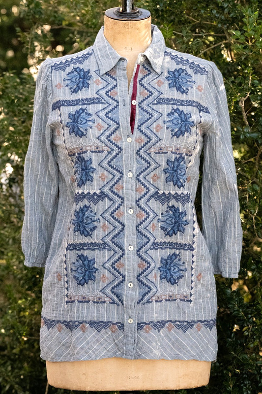 Johnny Was 3J Workshop Cotton, Button Front Shirt , Tunic, Lots of Embroidery, S