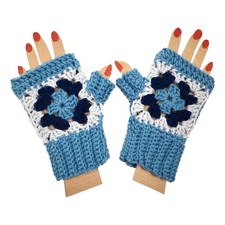 Brand New handmade crochet fingerless gloves granny square blue light grey