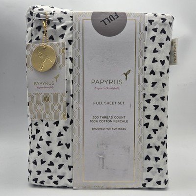 Papyrus Full Sheet Set 100% White Cotton Percale Black Hearts Valentine's Day 