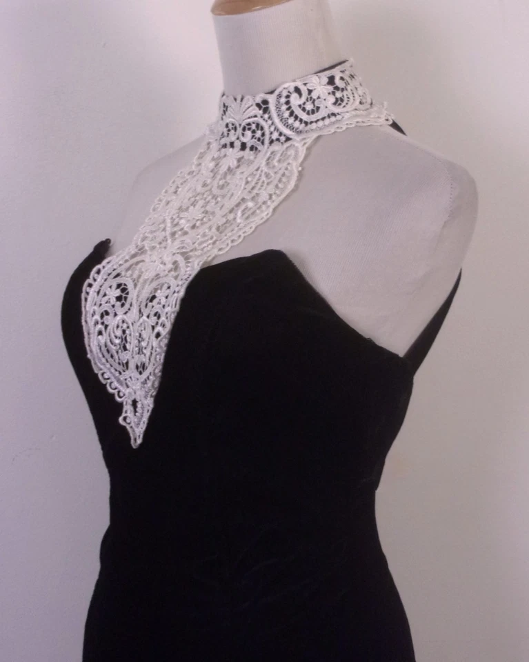 Vestido Gargantilla Vintage Años 80 Steppin' Out Negro Terciopelo y Encaje Baile de graduación Formal Talla 7 Foto 3 de 4
