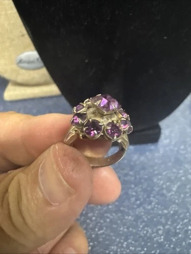 Vintage Silvertone, Purple Rhinestones Adjustable Ring 2088 ￼