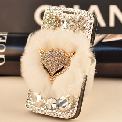 3D Flip Leather Wallet Case Bling Diamonds Furry Rabbit Fur Phone Case for Women