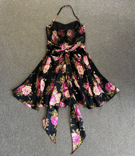 Vintage 90s BETSEY JOHNSON Mini Dress SILK Roses Black Floral w/Tie Sz 2 EUC Y2K - Bild 7 von 19