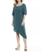 Bryn Walker Euna Asymmetrical Hem Shift Linen Dress in Guernsey (Green)