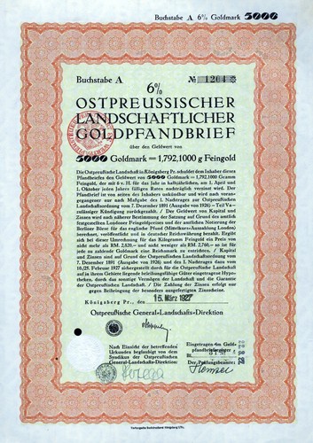 Ostpreussischer Landschaftlicher 6% Goldpfandbrief, Königsberg, 1927 (5.000 GM)