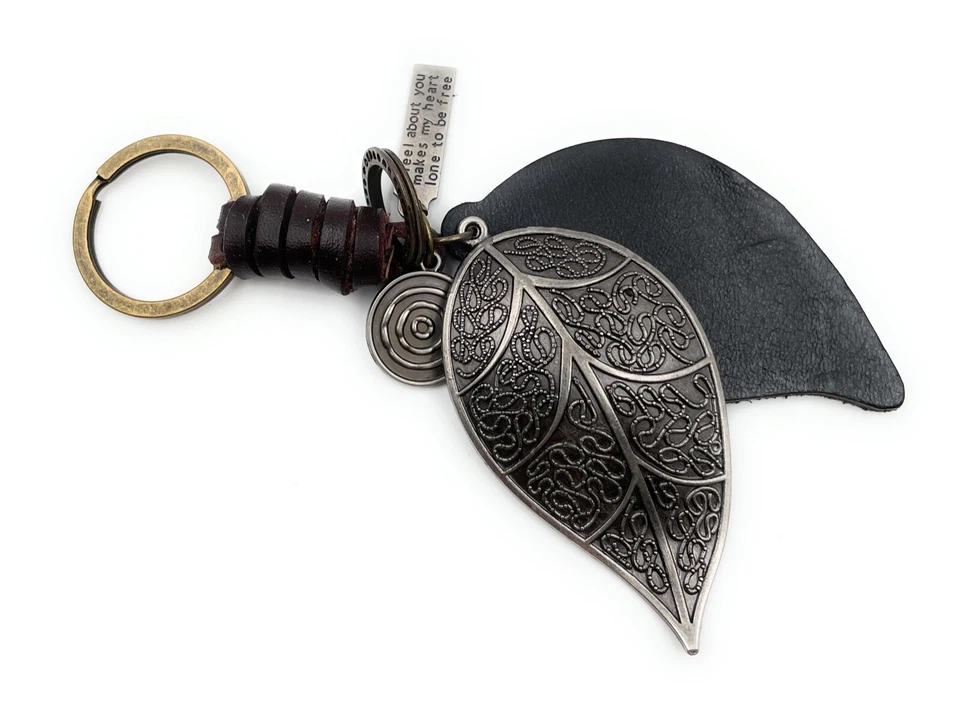 Llavero Hoja Hojas Árbol Cuero Plata Bronce - Imagen 2 de 4