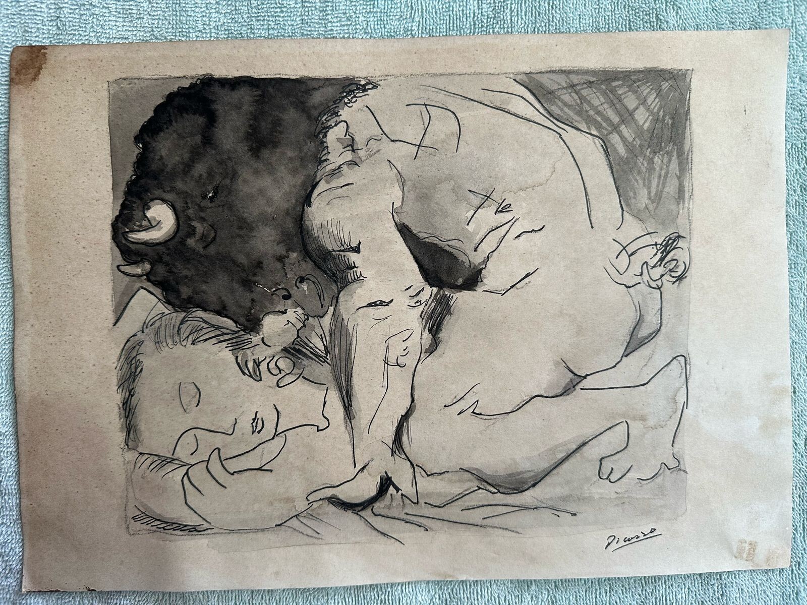 PICASSO drawing and painting on old paper signed stamped vintage
